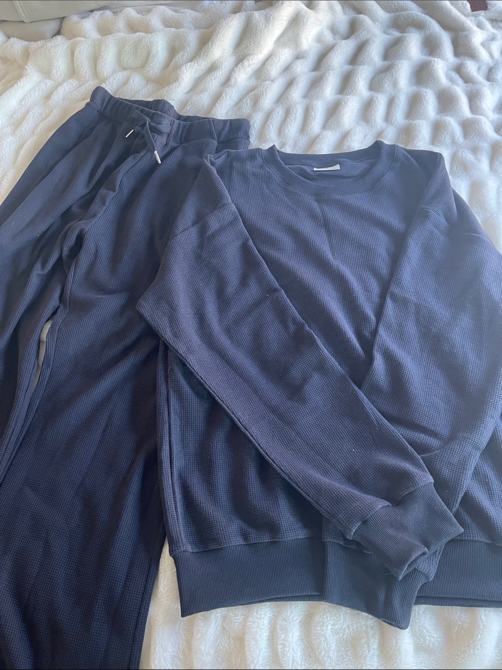 NWT- Navy Waffle-Knit Jogger Set — Relaxed Crewneck & Drawstring Pants - Picture 2 of 10
